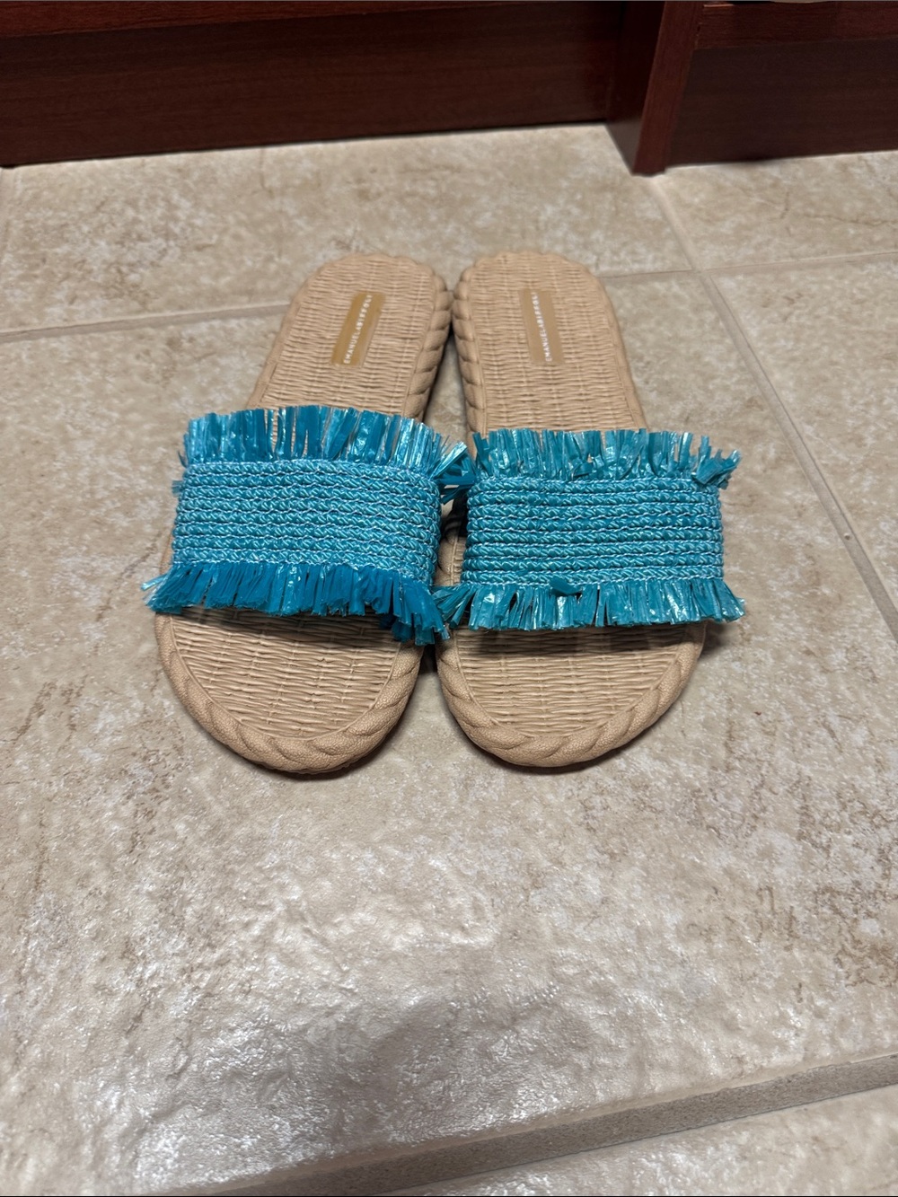 Fringed Teal Slide Sandals for Women